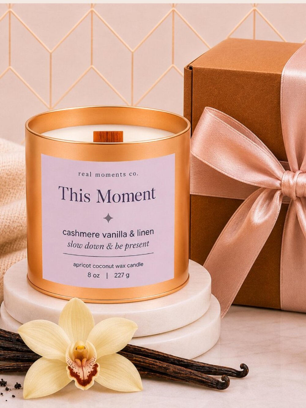 This Moment Candle, Cashmere Vanilla & Linen, Self Care Candle Gift Set